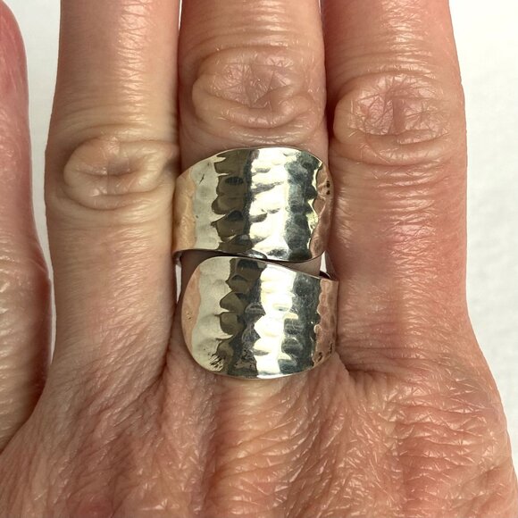 Sterling Silver 925 Modernist Hammered 1" Wide Tapered Bypass Band Ring Size 7 - Picture 1 of 16